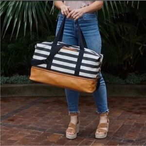 DSW Black & White Stripe Canvas Duffle Bag with Shoe Compartment